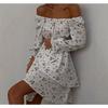 Women's A-line Collar Long Sleeved Elastic Waistband Sexy and Fashionable Printed A-line Dress