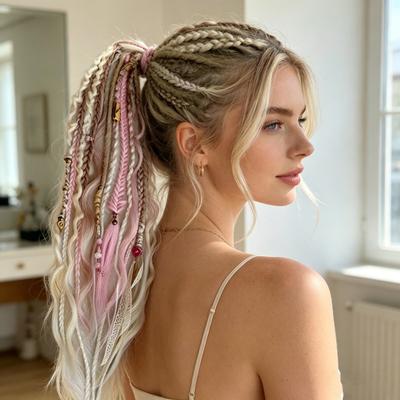 Yousheng Boho geflochtene Pferdeschwanzverlängerung mit Haargummi Handgeflochtene Dreadlock Haarverlängerungen Lange Zöpfe Dreadlocks Perücke für Damen