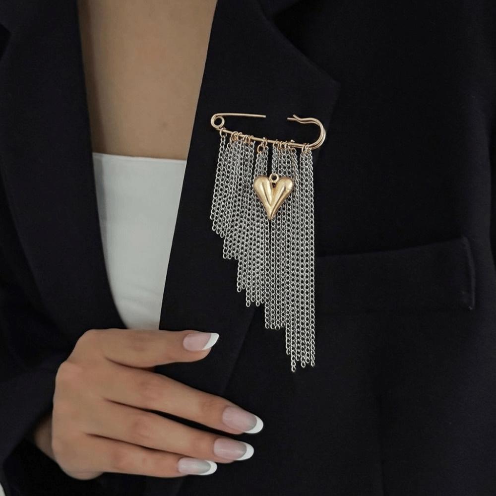 Multi-Layer Women s Tassels Brooches Love Heart Design Exaggerated Style Chain Brooches Handmade Pin Jewelry Stylish Accessories серебряный