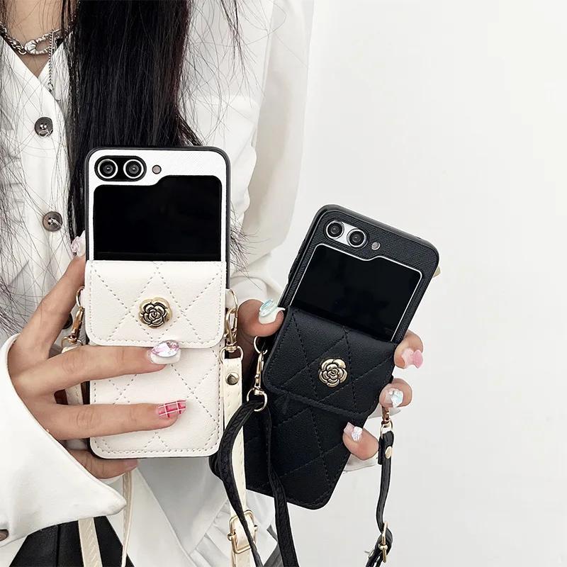 Crossbody Lanyard Phone Case for Samsung Galaxy  Z Flip 5 4 3 5G Flip5 Flip4 Flip3 Wallet with Card Holder PU Leather Cover