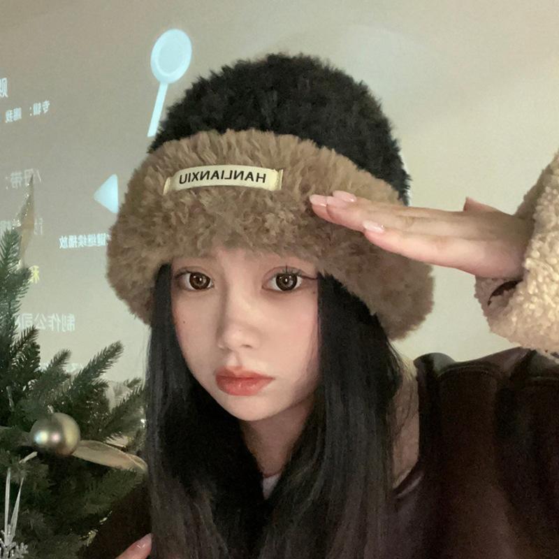 

Cute bear plush knitted hat children winter thickened warm pullover hat outdoor soft waxy student cold hat One Size