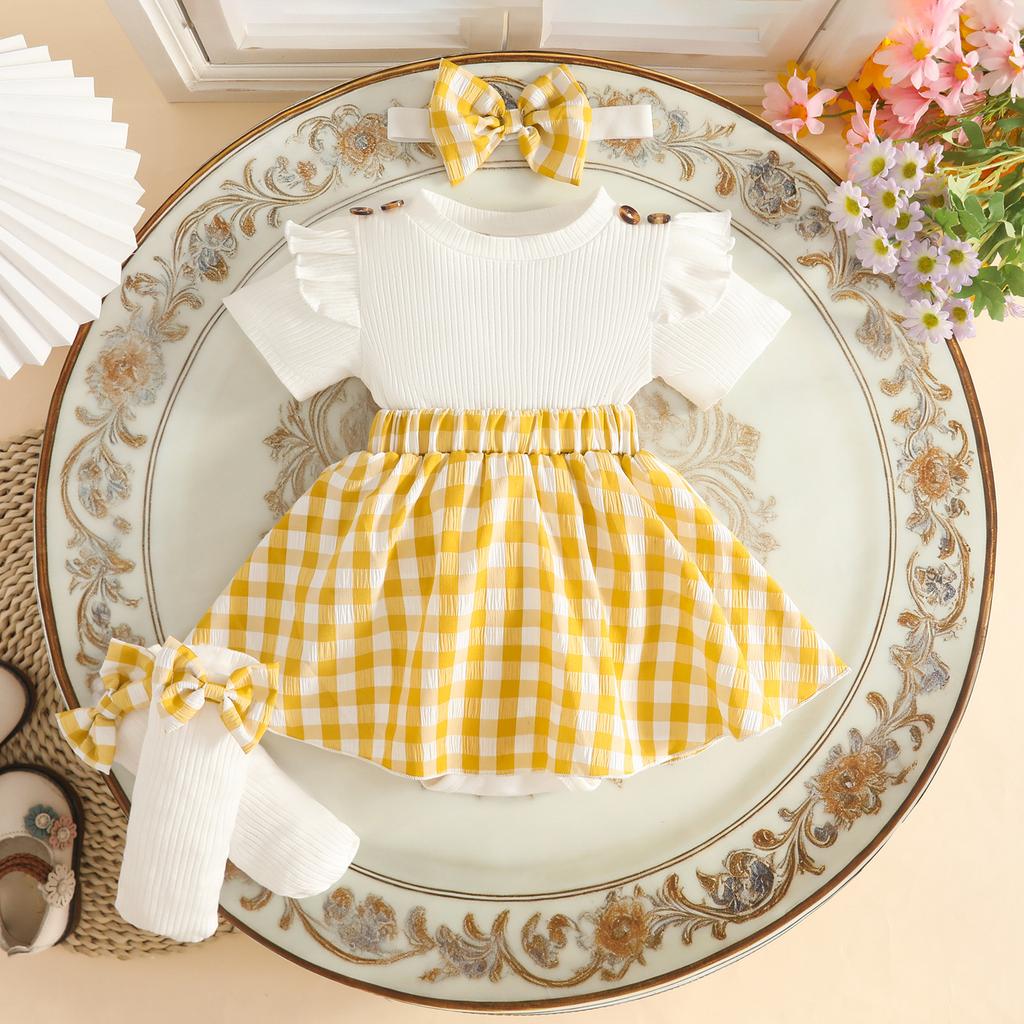 Cute Summer Girls' Infant Toddler Outfit Flutter Sleeves Short Sleeves Houndstooth Pattern Soft Treatment Dress Socks