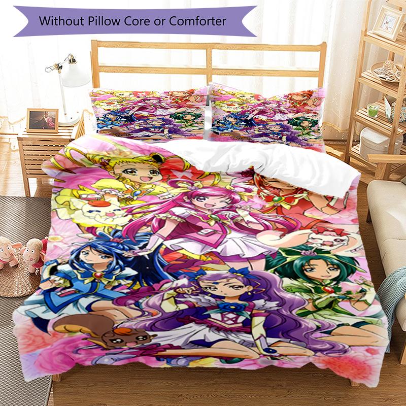 3pcs Pretty Cure2 Design Cover Set - HD Printed Bedding with 1 Cover and 2 Pillowcases - Perfect for Home and Dorm Decor