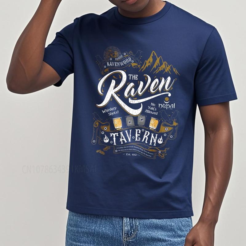 Fashion summer Unisex tshirt The Raven Tavern With Mountains And Drinks Short Sleeve Solid Color O Neck Top tees