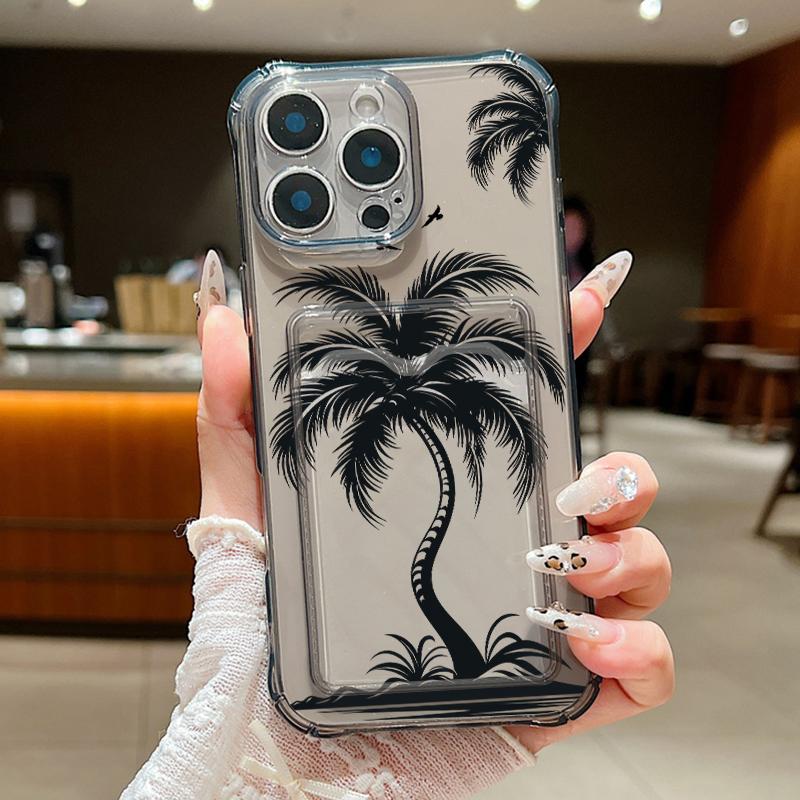 

Чехол с прозрачным слотом для карт с узором из кокосовой пальмы для iPhone 16 Pro Max 16E 15 Pro 14 13 12 11, тонкий, ударопрочный, мягкий, силиконовый чехол для телефона iPhone 16 Pro Max чёрный/серый