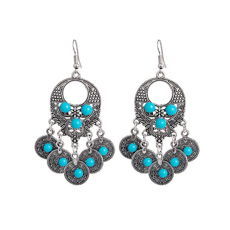 Turquoise Earrings, Vintage Owl Geometric Dream Catcher Feather Fringed Earrings Female