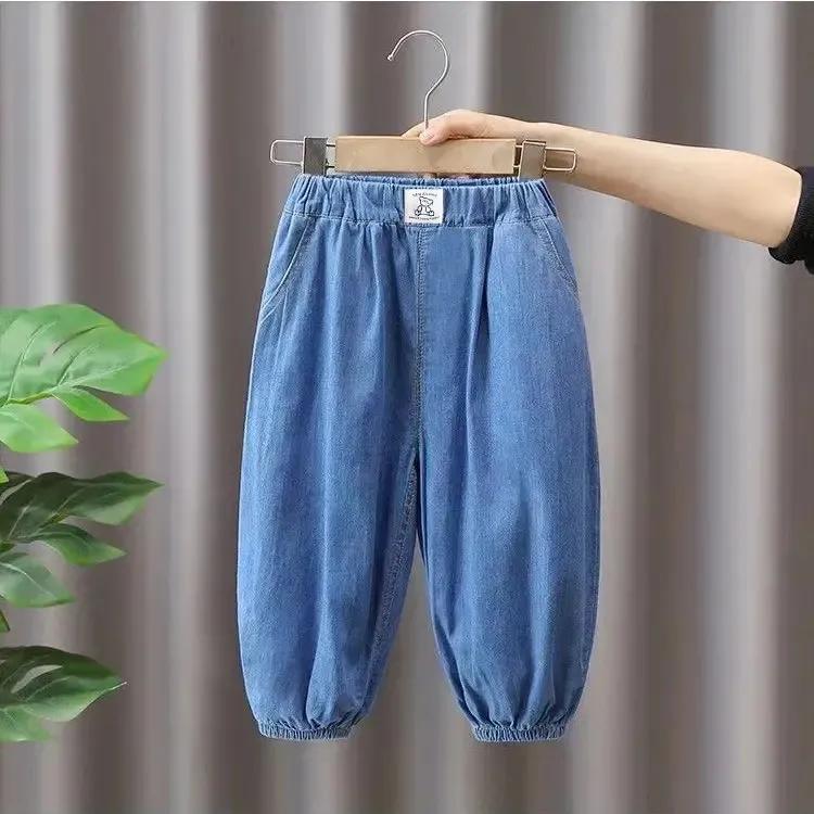 

Детские летние легкие джинсовые брюки с защитой от комаров, маленькие и средние размеры, повседневные длинные брюки с манжетами 90