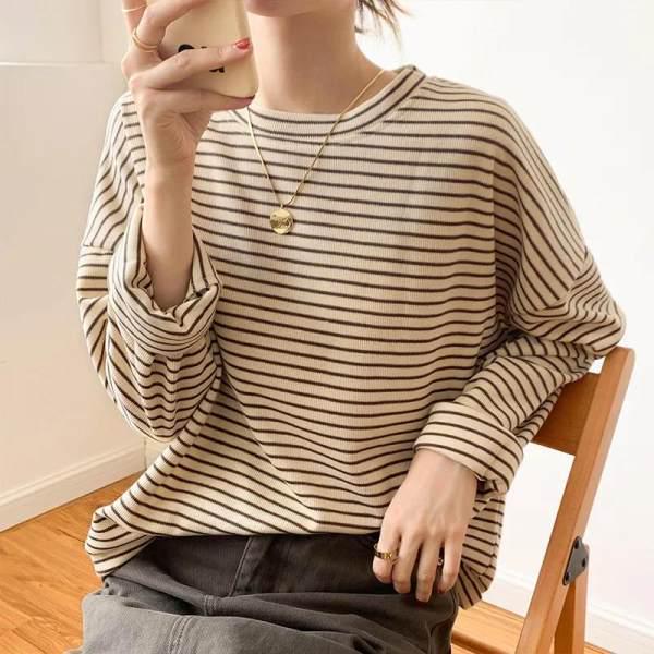 Women's Striped Loose Long-Sleeve T-Shirt – Round Neck, Versatile Top for Spring, Autumn, and Winter