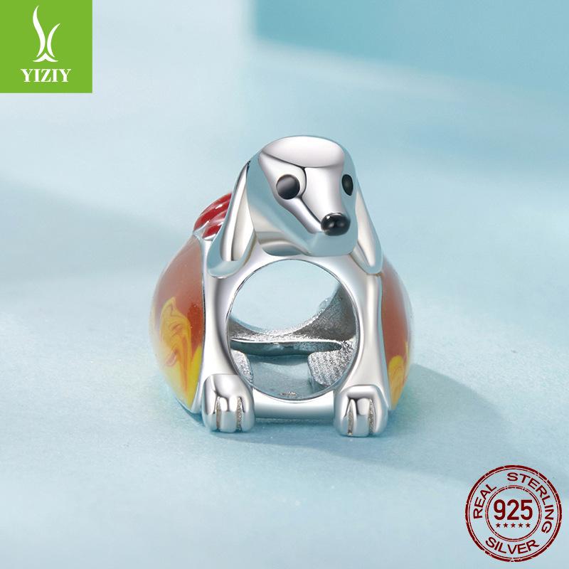 925 Sterling Silver Hot Dog Dachshund Dog Beaded, Playful Fun Puppy Diyc Accessories Charm