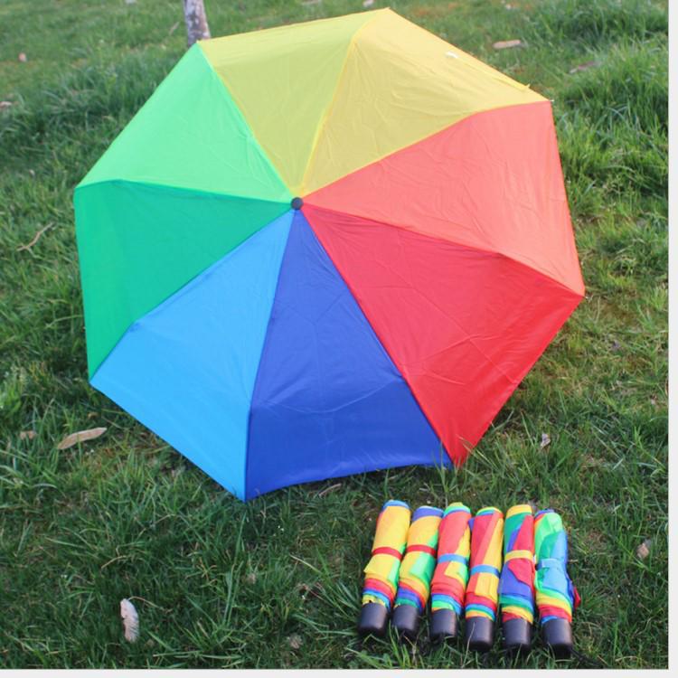 8K Pongee Rainbow Umbrella: Creative, Portable, Three-fold, Short Handle, Black Glue for Sun Protection.