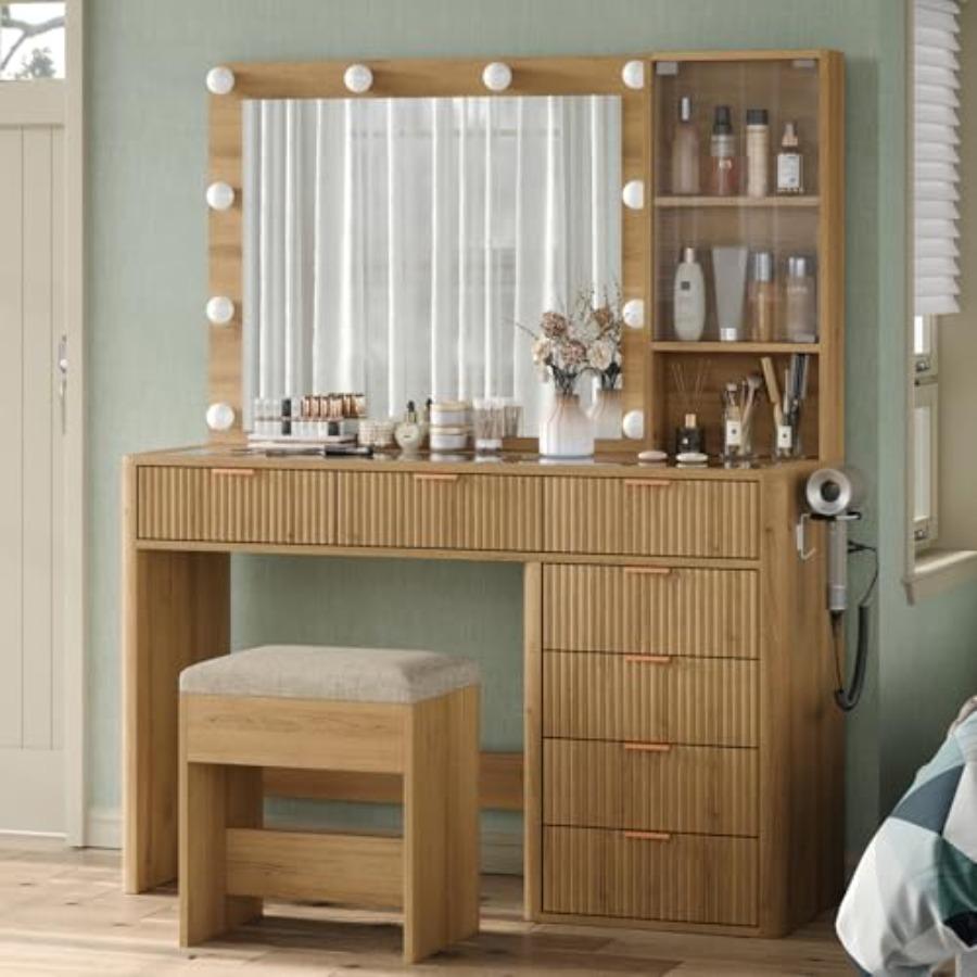 47" Fluted Vanity Desk with Mirror and LED Lights, 7-Drawer Makeup Vanity with Glass Top and Cabinet, Vanity with Chair and Cha