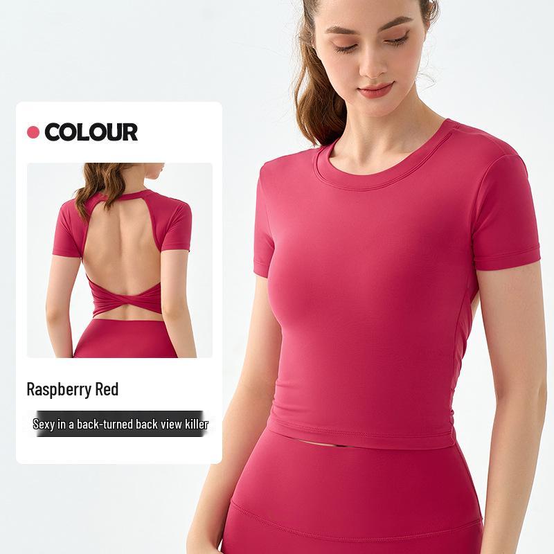 

Женский сексуальный топ для йоги с коротким рукавом, подчеркивающий талию, с подушечками для груди Large красный/малиновый