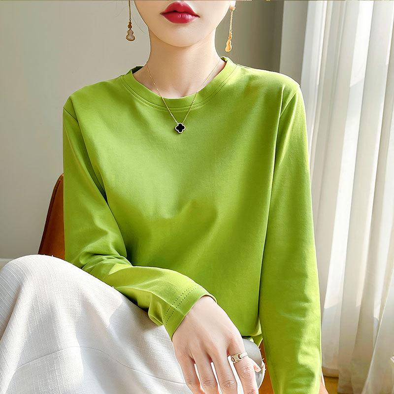 Women's Long-Sleeve Round Neck Loose Base Layer Top, Spring/Autumn Style, Dropped Shoulders, Solid Color