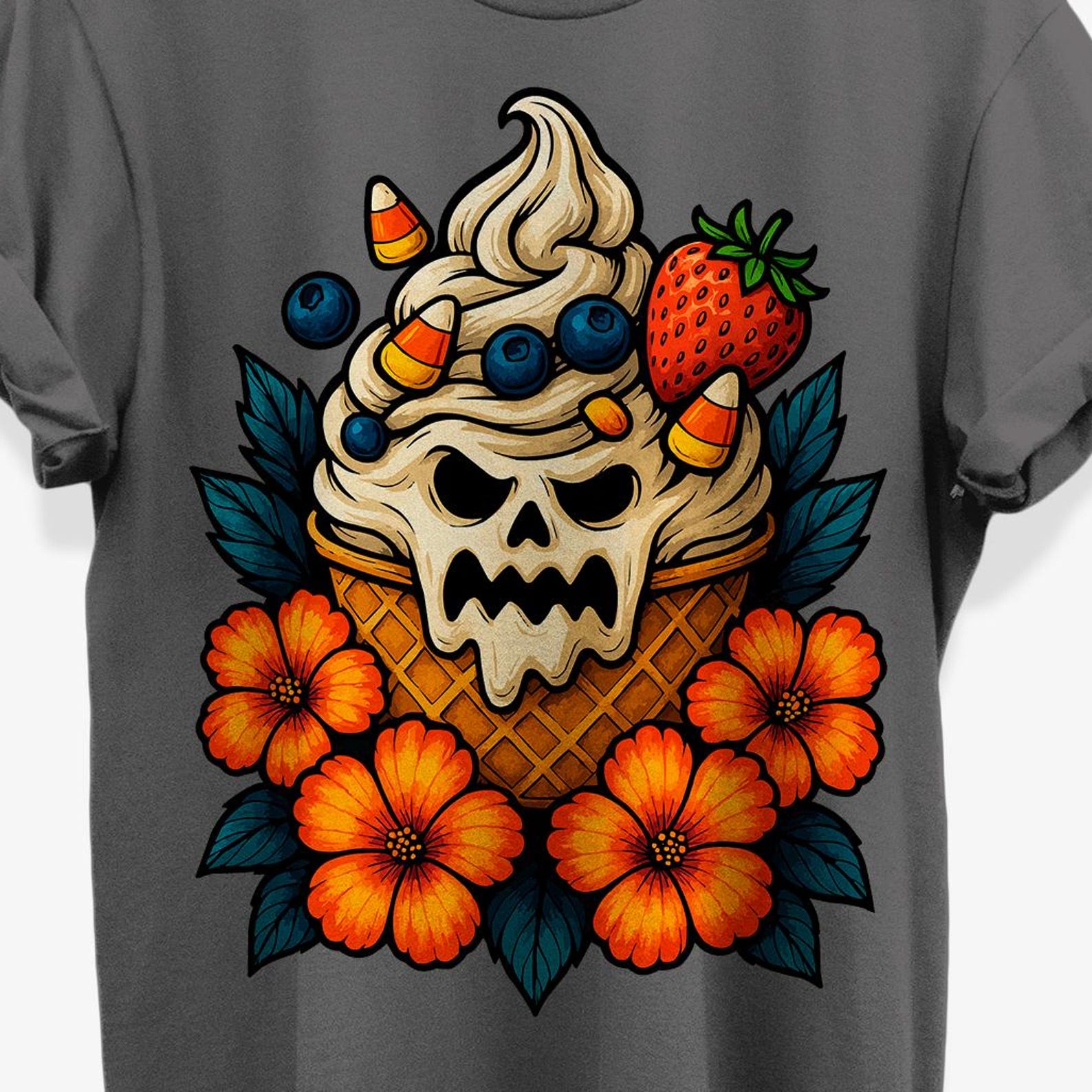 Creepy Ice Cream Skull T-Shirt | Summer Halloween Graphic Tee | Floral Goth Summerween Gifts S