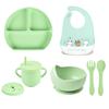 7pcs/set Baby Silicone Tableware Cartoon Printed Bibs Sucker Bowl Plate Cup Spoon Fork Sets Non-slip Children's Dishes BPA Free