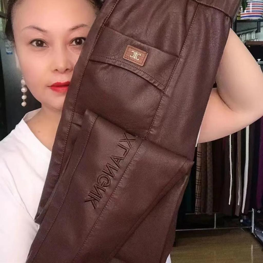 Men's Plus Size Straight-Leg Waterproof PU Pants Mid-Aged & Elderly High-Waisted Loose-Fit Fleece-Lined Thickened Long Pants