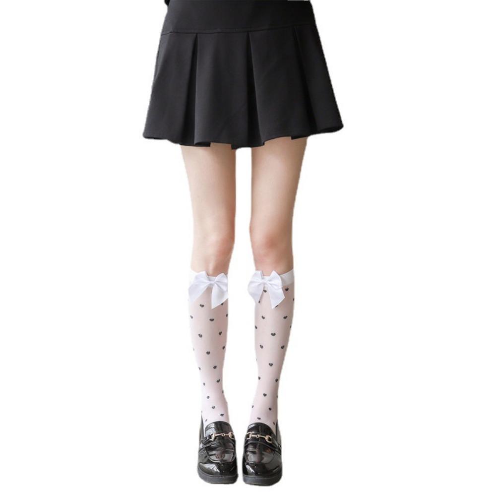 White Bow Calf Socks Stockings Summer Lolita Lolita Socks Women's Medium Tube Socks Jk Jacquard Love Tube Socks