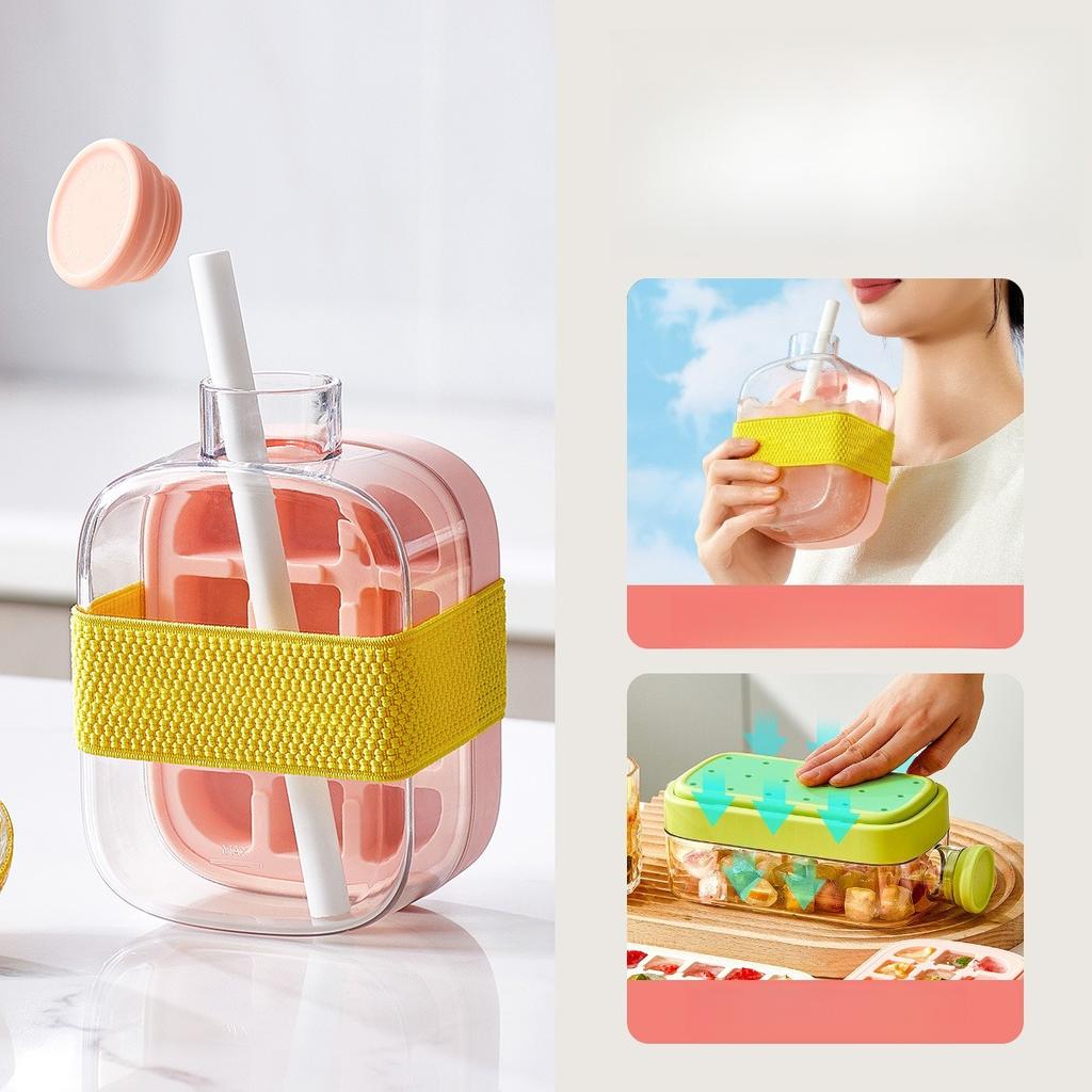 2in1 Ice Tray Water Bottle Portable Silicone Summer Ice Cube Tray With Straw Pressing Mould Ice DrinkBottle Outdoor Beverage Cup
