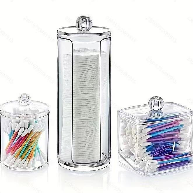 Set di tamponi di cotone rettangolari e scatola portaoggetti con coperchio per trucco, filo interdentale e stuzzicadenti.