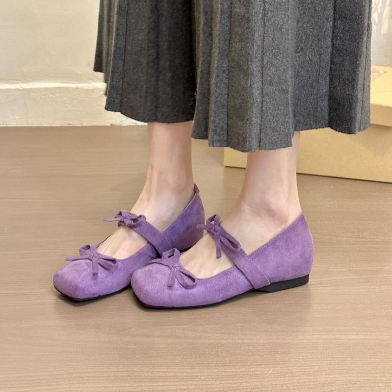 2025 Spring and Autumn New Elegant Style Mary Jane Purple Suede Double Bow Fashion Single Shoes Square Toe Height Increase