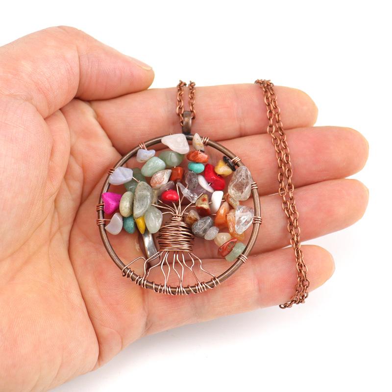 Ancient Red Copper Winding Natural Stone Crystal Tree Of Life Necklace Colorful Stone Necklace Jewelry N105