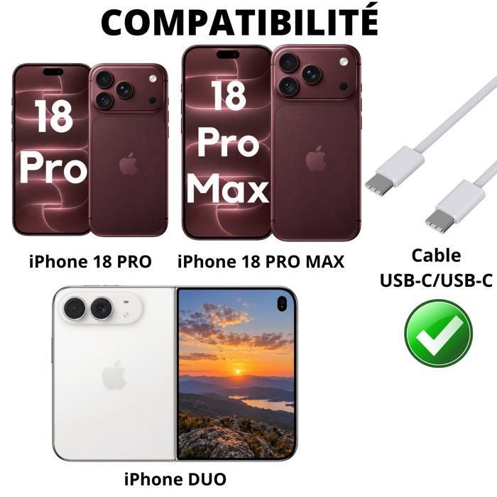 Lot 2 USB-C To USB-C Cables for iPhone 18 PRO/iPhone 18 PRO MAX/iPhone DUO - 2 Meter Braided Nylon Cable Phonillico®