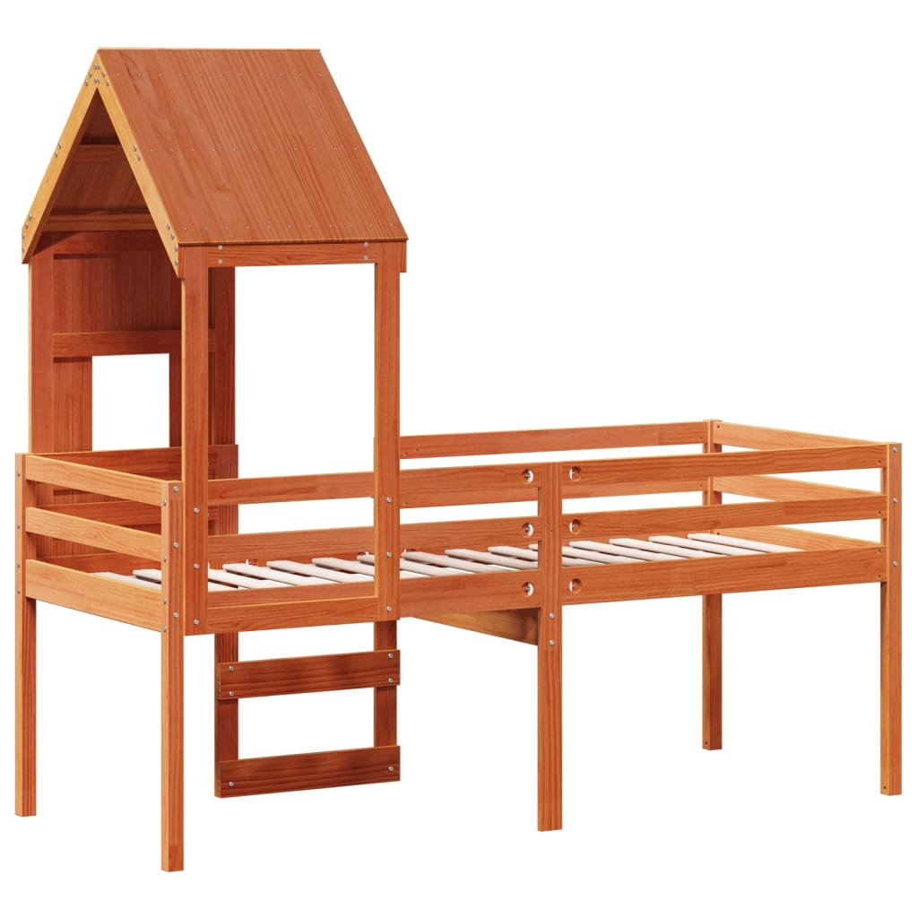 High Bed with Roof Wax Brown 90x200 cm Solid Pine Wood
