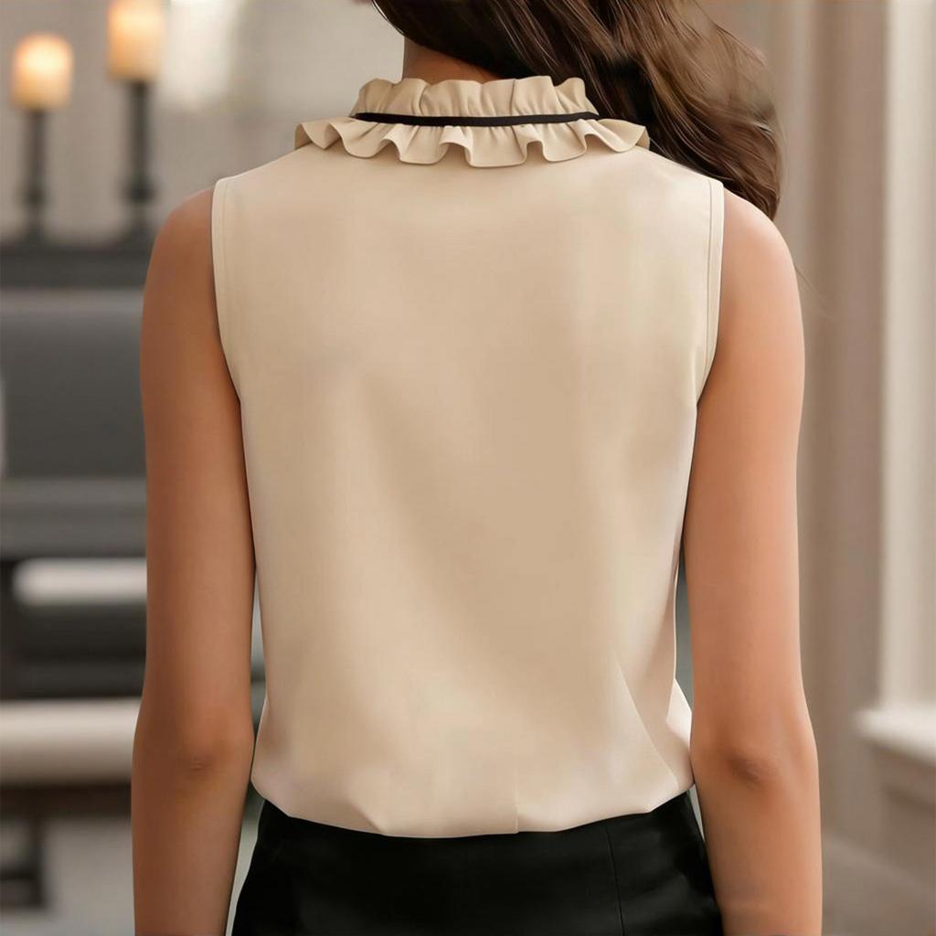 Women Sleeveless Ruffle Trim Collared Blouse Button Down Tie Neck Top Lightweight Shirt for Office or Casual Wear