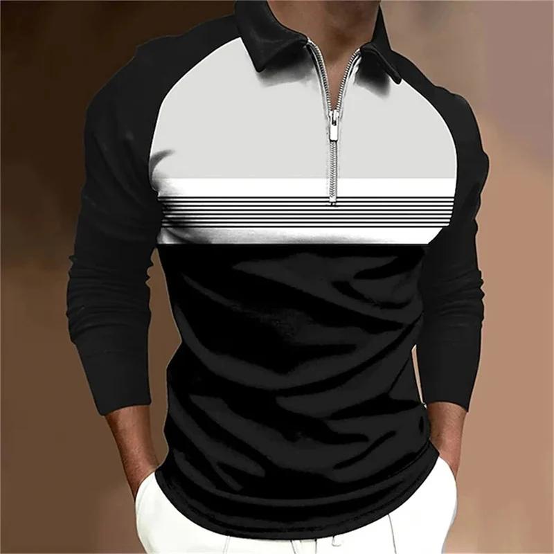 Spring Autumn Men Long Sleeve Tops Polo Shirt Zipper Polo Shirt Men Casual Polo Shirt Fashion Stripe Golf Polo Shirt