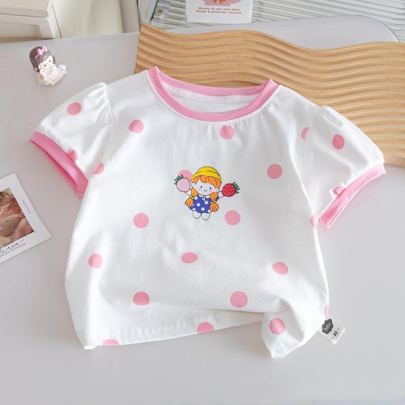 Summer Girls T-shirt Korean Thin Dot Print Baby Tops Short Sleeves Cartoon Kids Tee Children Clothes