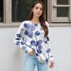 Women's Winter Color-Block Printed Lightweight Brushed-Cotton Round Neck Top