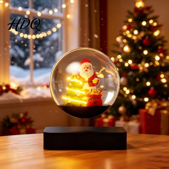 Cozy Holiday Home Decor Magnetic Levitating Santa Claus Tree Ornament with LED Light Lighted Rotating Floating Christmas Glass Ball for Tabletop