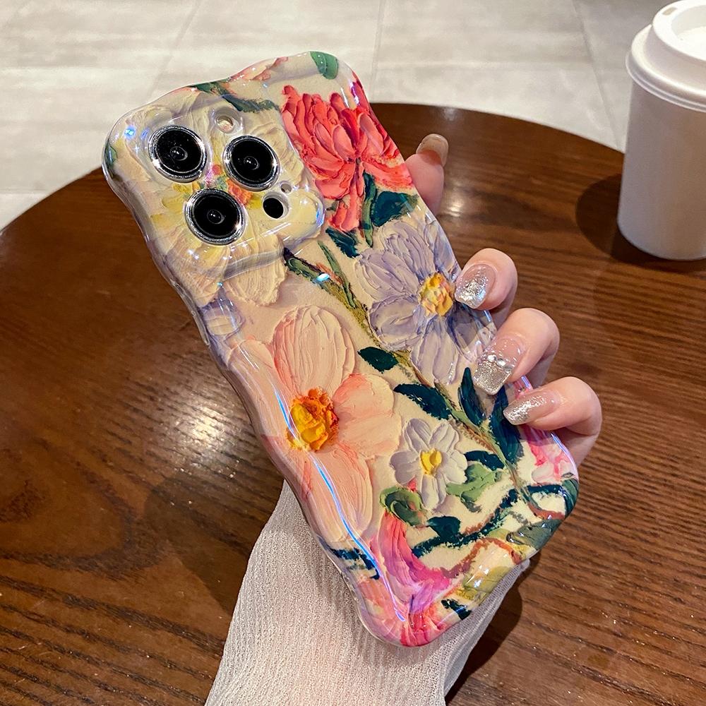 

Для iPhone 15 Pro Max 14Promax чехол для телефона с масляной живописью и цветами для iPhone 11 12 13 14 Pro Max 12Promax мягкий противоударный бампер IMD с волнистой рамкой for iphone 15 pro max зелёный