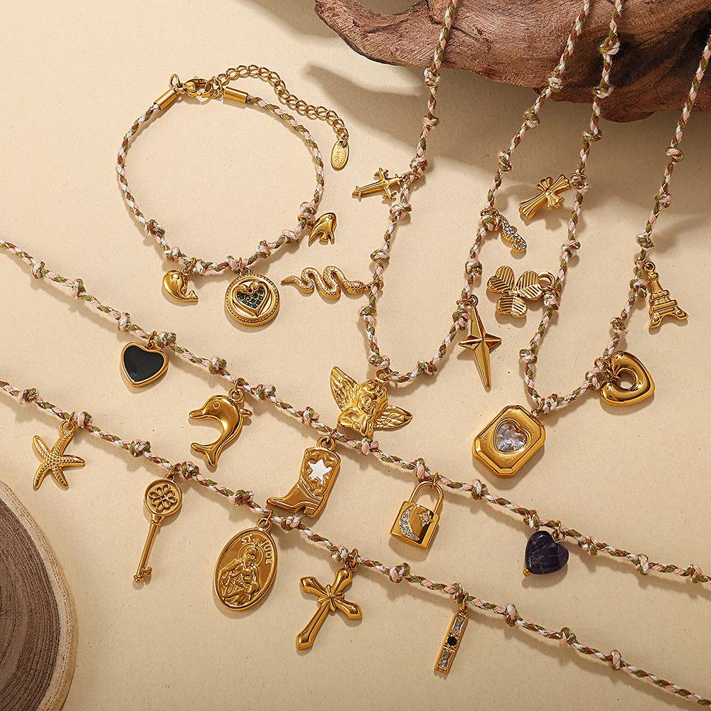 Vintage seaside style DIY freshwater pearl pendant bracelet stainless steel gold-plated ceramic pendant necklace female