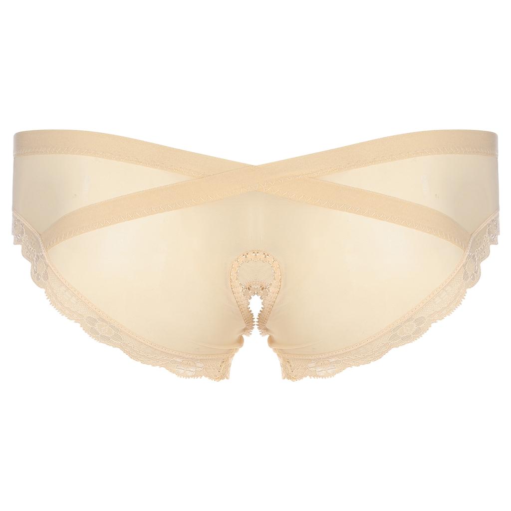 Pánské průsvitné bezrozkrokové kalhotky ze síťoviny s krajkovým lemem kalhotky Cross-dresser Sissy spodní prádlo