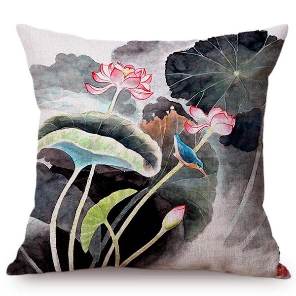 Chinese Vintage Watercolor Painting Lotus Cushion Cover Beautiful Elegant Home Decorative Summer Flowers Bird Throw Pillow Case