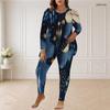 Women Plus Size Round Neck Long Sleeve Printed Blue Longline Top Fitted Pants Two Piece Set