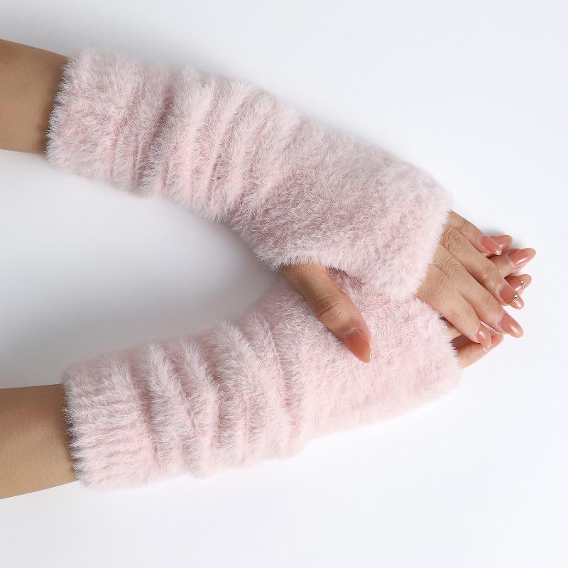 Pink Fingerless Gloves Y2K Wrist Warmers Arm Warmers Gloves for Women Chic Streetwear Fall Winter Mink-Like Velvet Gloves