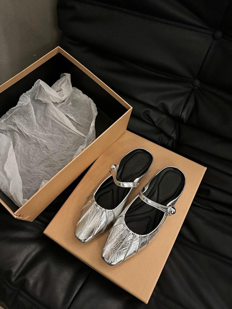 Flat-bottomed Bag Head Half-drag Women's Shoes Wear Summer Mary Jane Sandals Inside Height-increasing Silver Single Shoes