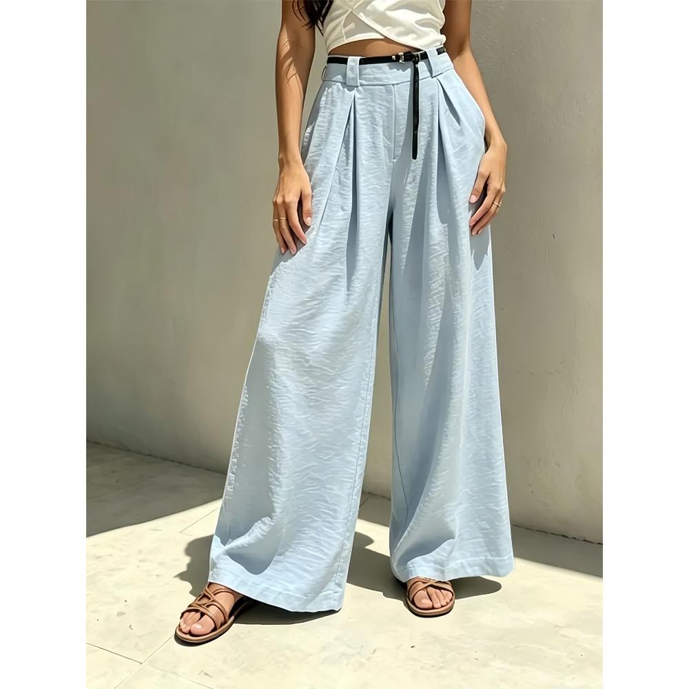 Women's High Waist Belted Pleated Solid Linen Wide Leg Long Pants Loose Fit Casual Trousers