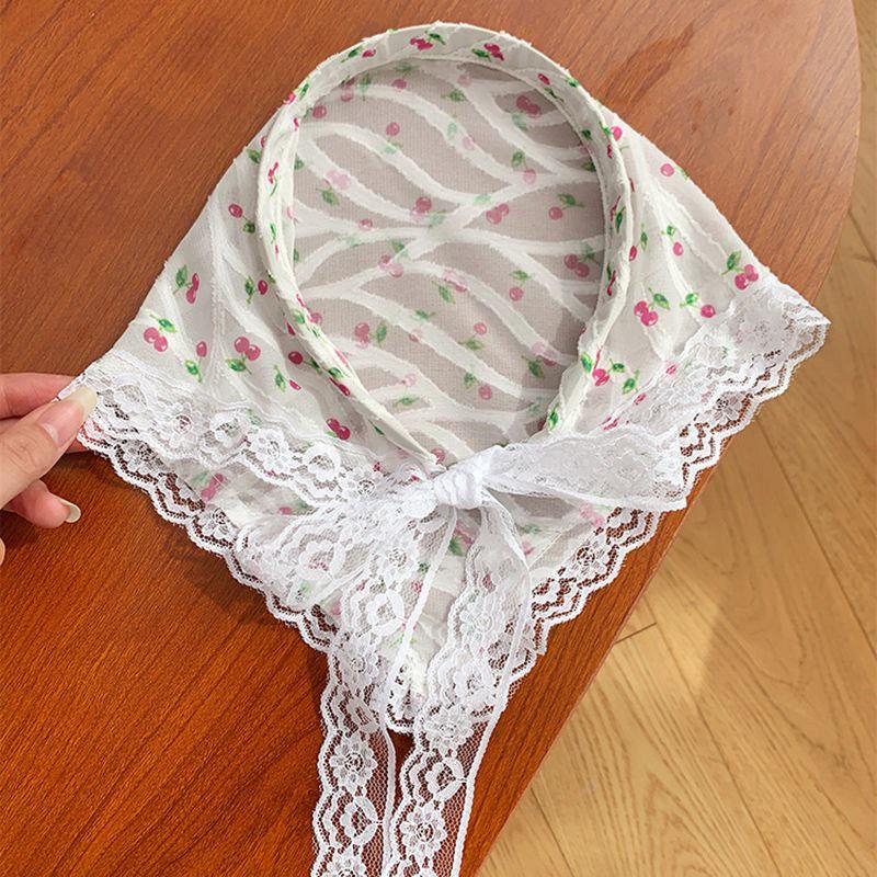 French Blue Plaid Lace Triangle Scarf Headband - Pastoral Style Women's Hair Accessory with Seaside Vibe