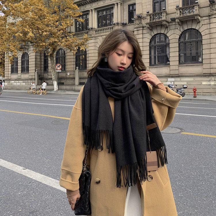 Wool Scarf Women's Autumn and Winter Warm Thickened Cashmere Scarf Versatile Tassel Shawl Korean Style Solid Color Scarf