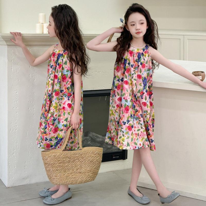 Girls Floral Spaghetti Strap Summer Dress - Korean Princess Style 140cm