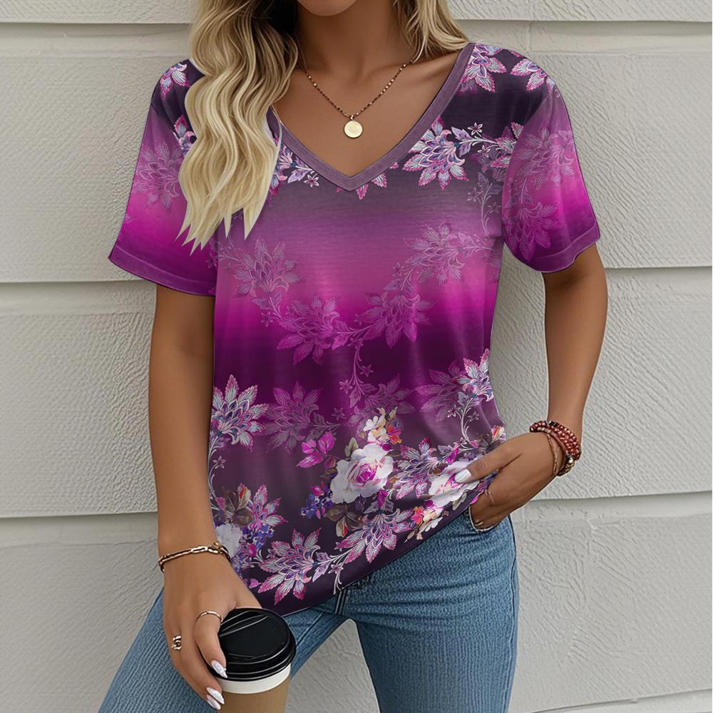 Damska Koszulka Kwiatowy Wzór Outdoor Retro Moda Codzienna Oversize Dekolt V Y2k Krótki Rękaw Letnia Odzież Damska