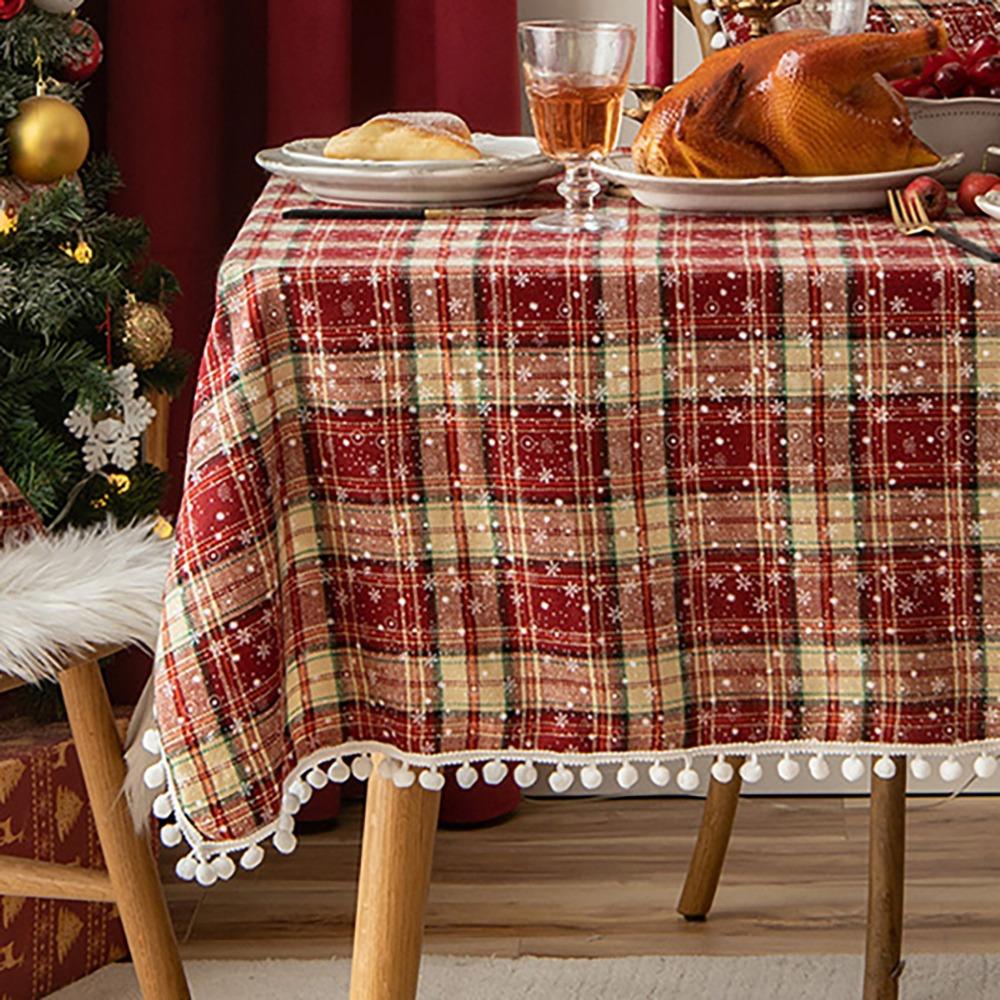 

Christmas Tablecloth Dining Table Decor with Pom Poms Cotton Linen Snowflake Table Cover 140*140cm
