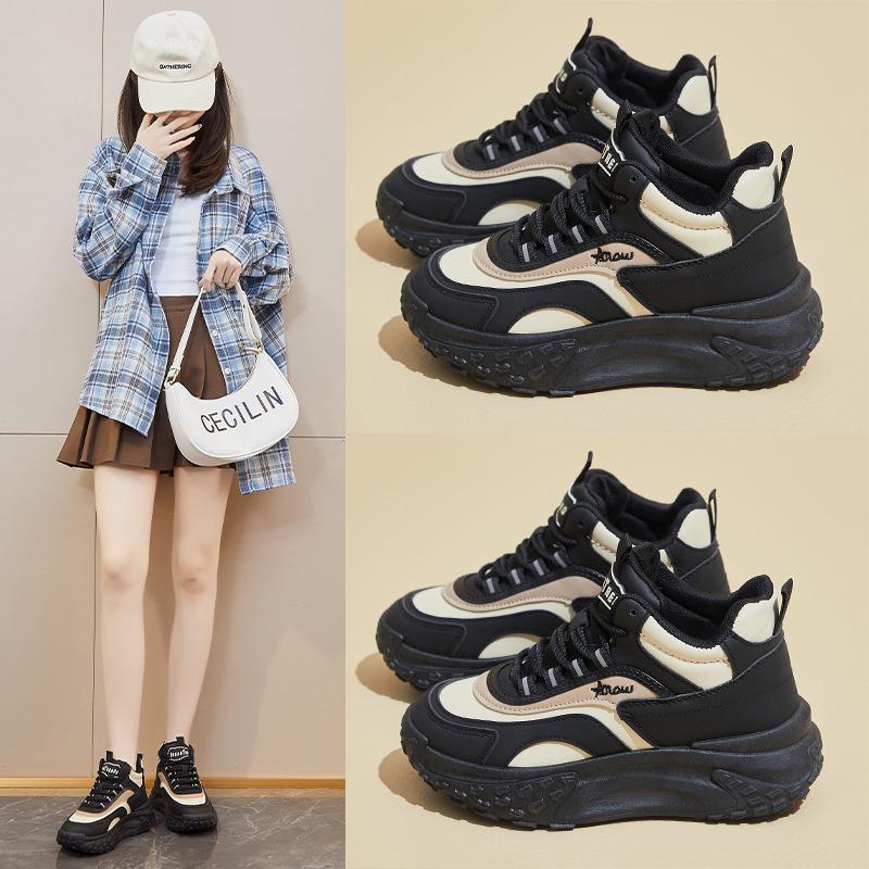 Running Sneakers for Women Casual Anti-Slip Chunky Platform Dad Sneakers Lace-Up Walking Shoes Comfortable PU Leather Athletic Tennis Shoes for Female