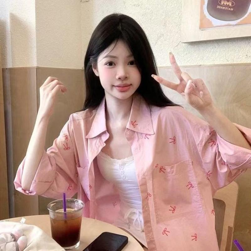 Solid Color Women's Shirt Bow Print Chest Pocket Turn Down Collar Long Sleeved Blouse Spring New Style Loose Casual Cute Version Female's Top