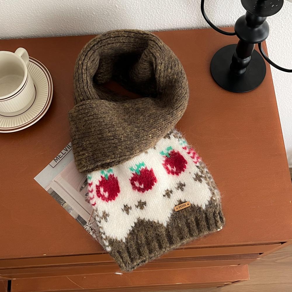 Red retro apple knitted small scarf for women's autumn and winter new cute thickened warm wool scarf neck protection