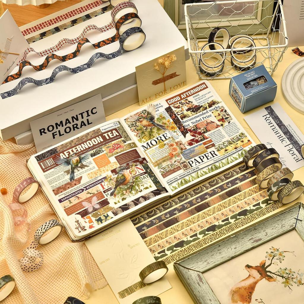 30 Rolls Vintage Washi Tape Pack Retro Basic Patterns Decorative Masking Tape for DIY Crafts Bullet Journal Supplies A3481