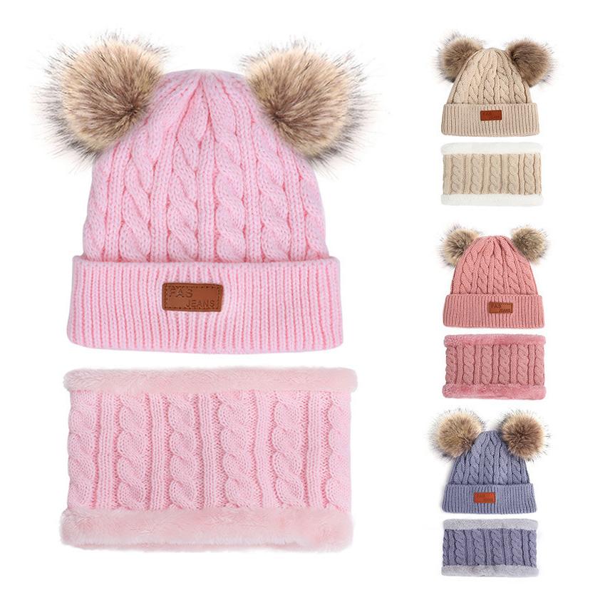 Cappello lavorato a maglia in lana per bambini autunno e inverno, set caldo per bambini, sciarpa, guanti, set da tre pezzi con velluto